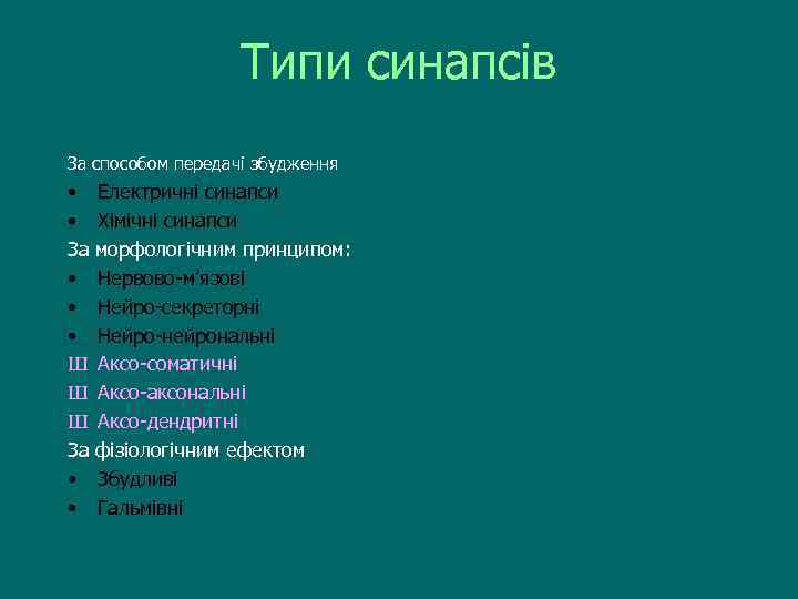 Типи синапсів За способом передачі збудження • • За • • • Ш Ш