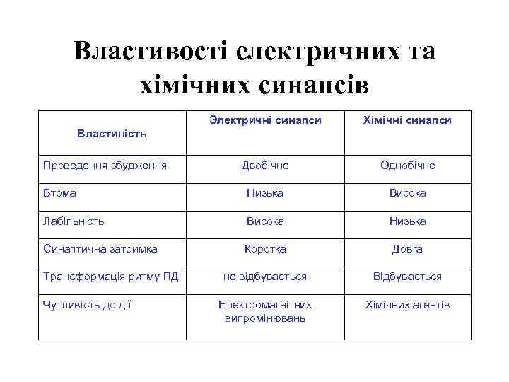 Властивості електричних та хімічних синапсів Электричні синапси Хімічні синапси Двобічне Однобічне Втома Низька Висока