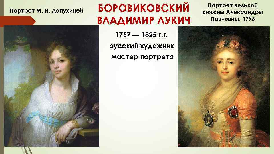 Портрет М. И. Лопухиной БОРОВИКОВСКИЙ ВЛАДИМИР ЛУКИЧ 1757 — 1825 г. г. русский художник