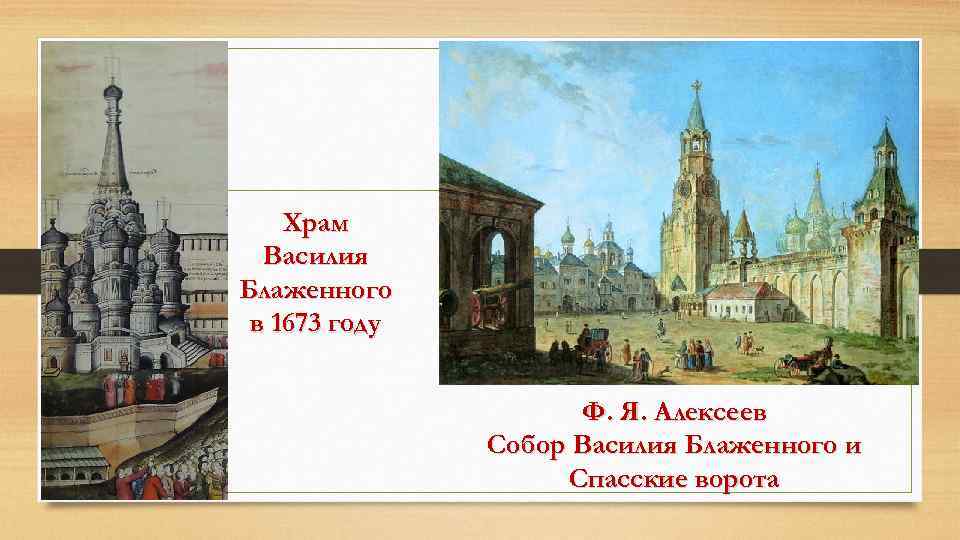 Храм Василия Блаженного в 1673 году Ф. Я. Алексеев Собор Василия Блаженного и Спасские