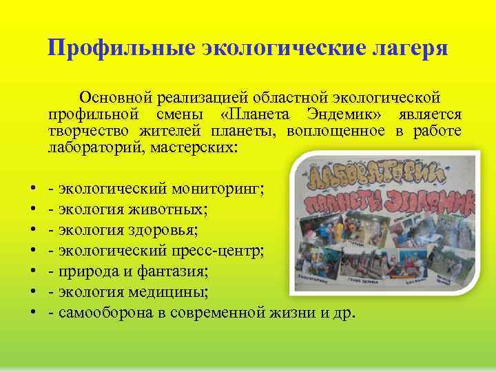 Профильные экологические лагеря Основной реализацией областной экологической профильной смены «Планета Эндемик» является творчество жителей