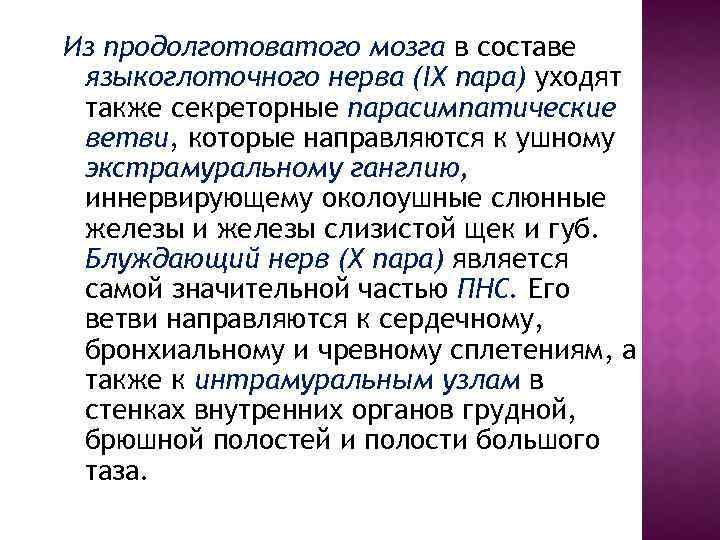 Из продолготоватого мозга в составе языкоглоточного нерва (IX пара) уходят также секреторные парасимпатические ветви,