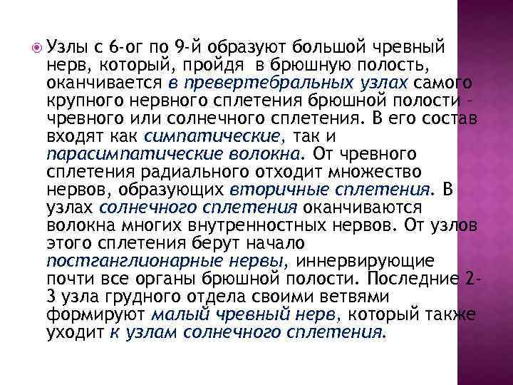  Узлы с 6 -ог по 9 -й образуют большой чревный нерв, который, пройдя