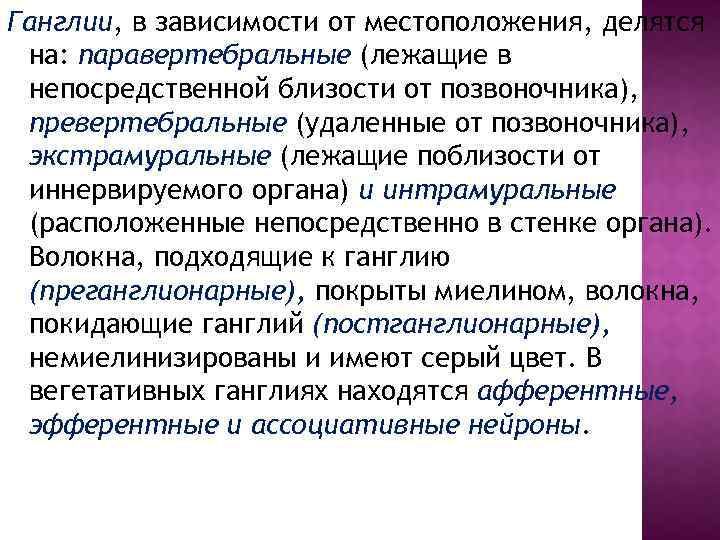 Ганглии, в зависимости от местоположения, делятся на: паравертебральные (лежащие в непосредственной близости от позвоночника),