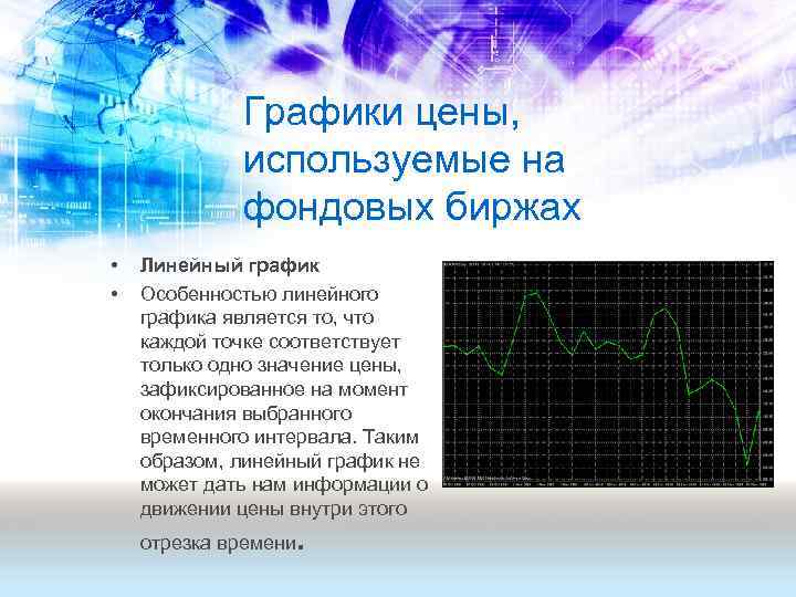 Графики цены, используемые на фондовых биржах • • Линейный график Особенностью линейного графика является