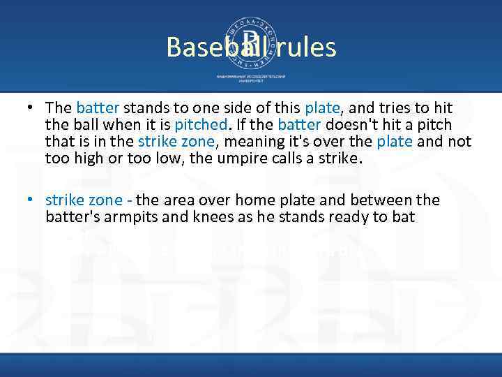 Baseball rules • The batter stands to one side of this plate, and tries