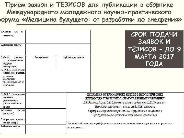 Прием заявок и ТЕЗИСОВ для публикации в сборнике Международного молодежного научно-практического форума «Медицина будущего: