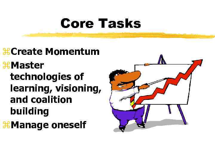 Core Tasks z. Create Momentum z. Master technologies of learning, visioning, and coalition building