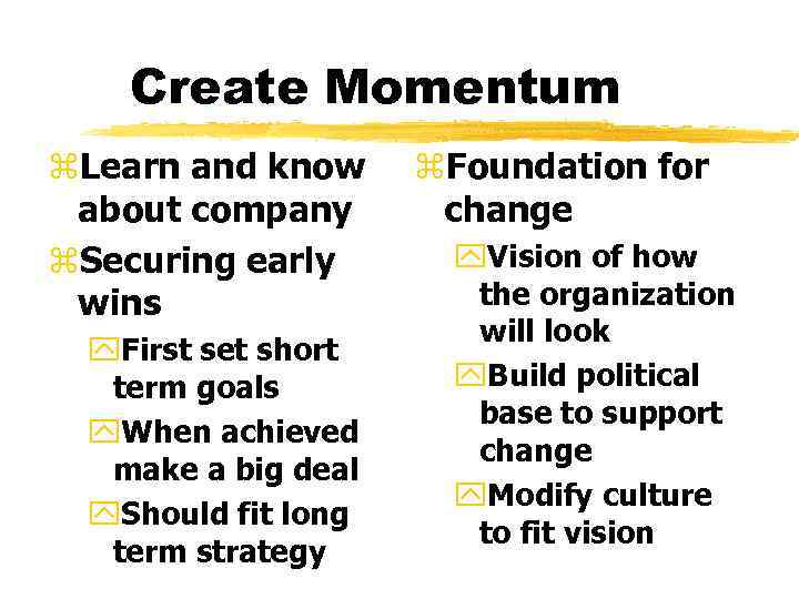 Create Momentum z. Learn and know about company z. Securing early wins y. First