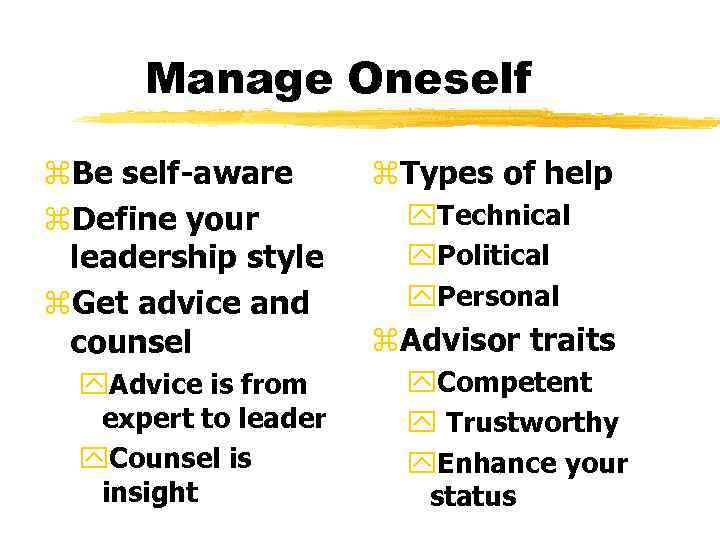Manage Oneself z. Be self-aware z. Define your leadership style z. Get advice and