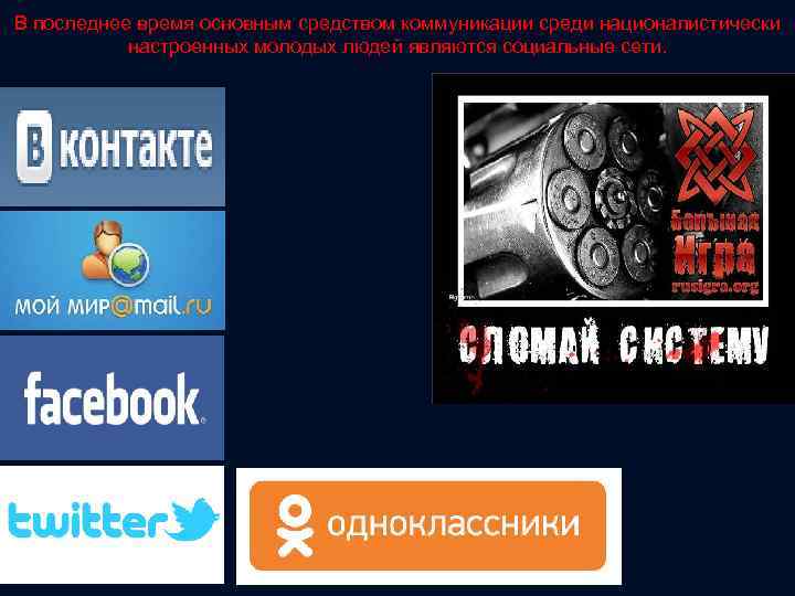 В последнее время основным средством коммуникации среди националистически настроенных молодых людей являются социальные сети.
