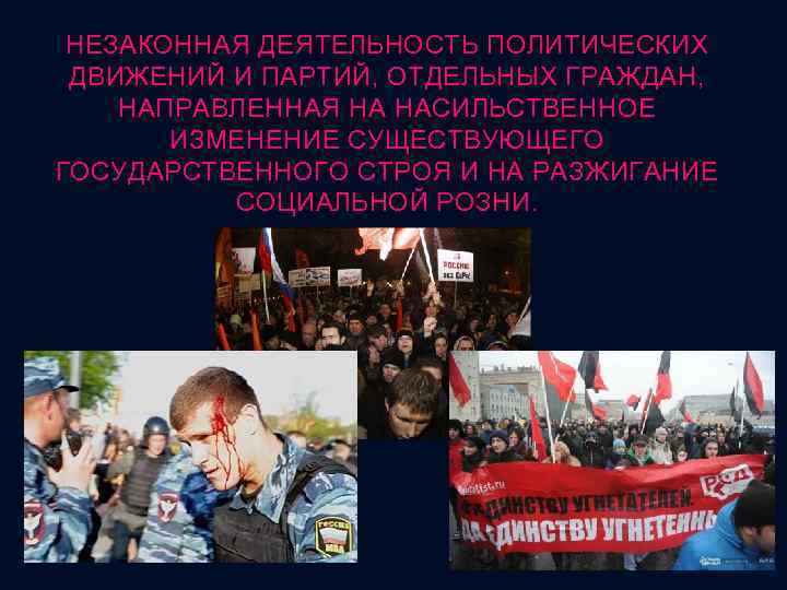 НЕЗАКОННАЯ ДЕЯТЕЛЬНОСТЬ ПОЛИТИЧЕСКИХ ДВИЖЕНИЙ И ПАРТИЙ, ОТДЕЛЬНЫХ ГРАЖДАН, НАПРАВЛЕННАЯ НА НАСИЛЬСТВЕННОЕ ИЗМЕНЕНИЕ СУЩЕСТВУЮЩЕГО ГОСУДАРСТВЕННОГО