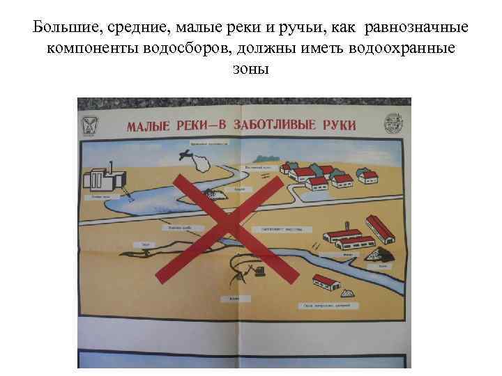 Большие, средние, малые реки и ручьи, как равнозначные компоненты водосборов, должны иметь водоохранные зоны