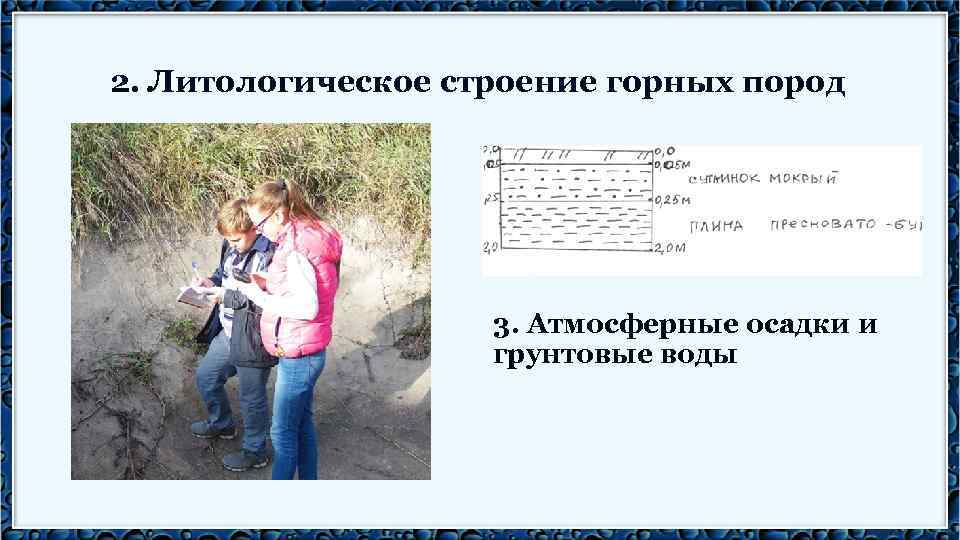 2. Литологическое строение горных пород 3. Атмосферные осадки и грунтовые воды 