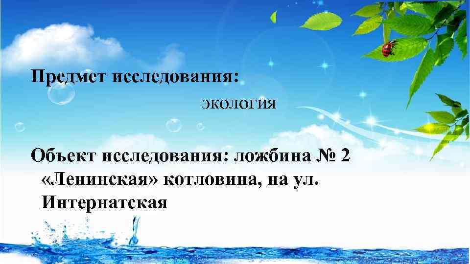 Предмет исследования: экология Объект исследования: ложбина № 2 «Ленинская» котловина, на ул. Интернатская 
