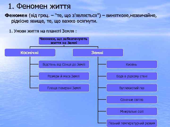 1. Феномен життя Феномен (від грец. – “те, що з’являється”) – виняткове, незвичайне, рідкісне