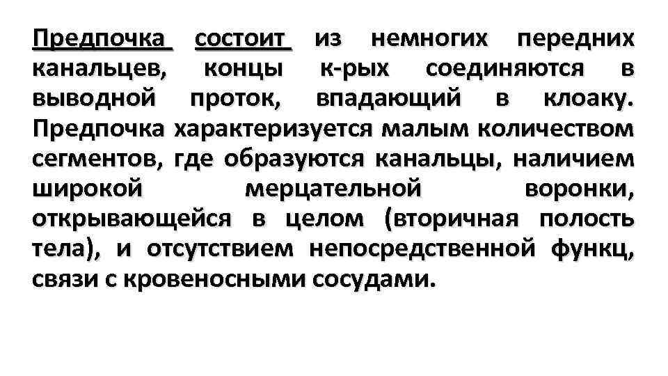 Предпочка состоит из немногих передних канальцев, концы к-рых соединяются в выводной проток, впадающий в