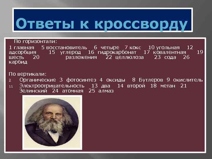 Ответы к кроссворду По горизонтали: 1 главная 5 восстановитель 6 четыре 7 кокс 10