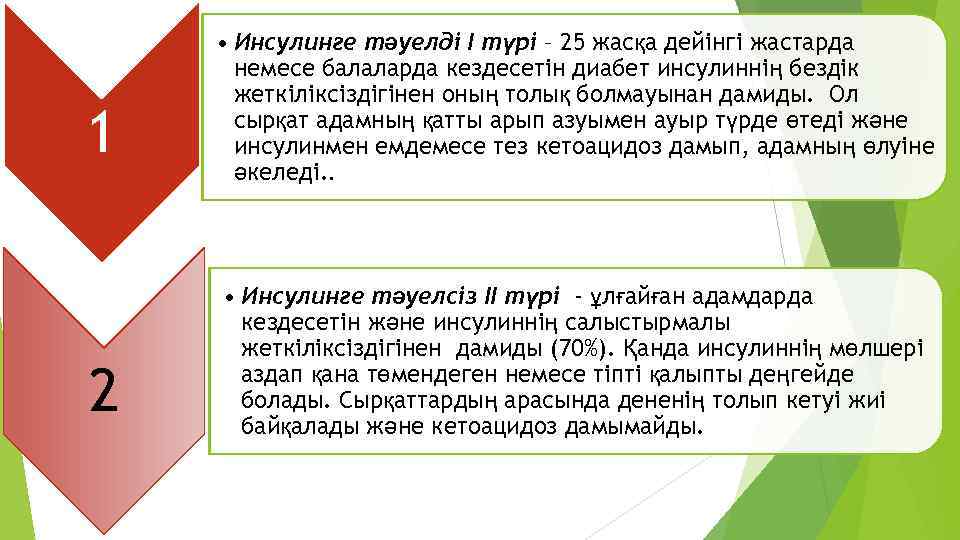 1 2 • Инсулинге тәуелді І түрі – 25 жасқа дейінгі жастарда немесе балаларда