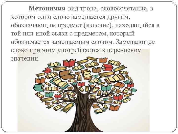 Метонимия-вид тропа, словосочетание, в котором одно слово замещается другим, обозначающим предмет (явление), находящийся в