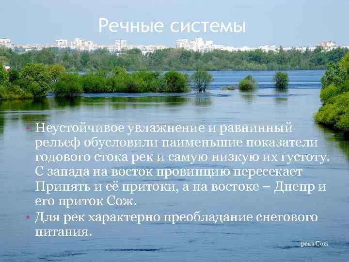 Речные системы • Неустойчивое увлажнение и равнинный рельеф обусловили наименьшие показатели годового стока рек