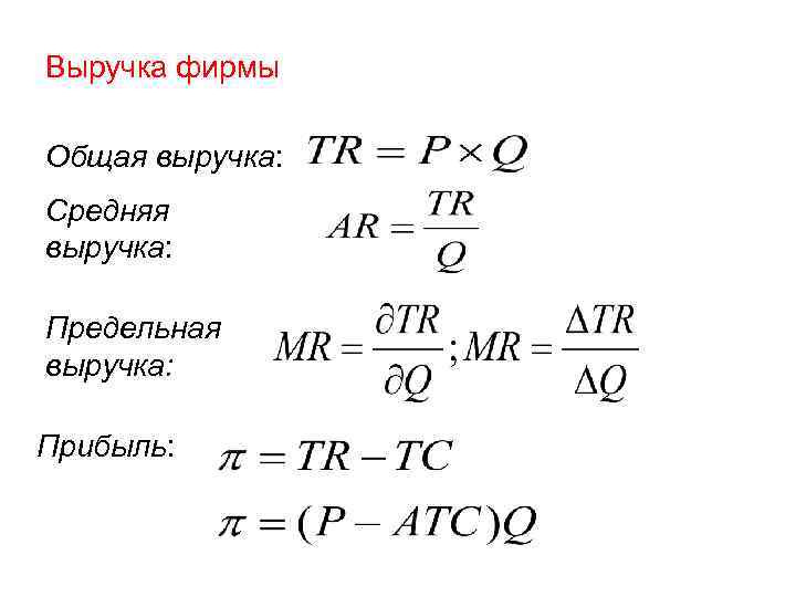 Выручка фирмы Общая выручка: Средняя выручка: Предельная выручка: Прибыль: 