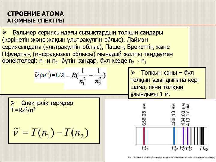 СТРОЕНИЕ АТОМА АТОМНЫЕ СПЕКТРЫ Ø Бальмер сериясындағы сызықтардың толқын сандары (көрінетін және жақын ультракүлгін
