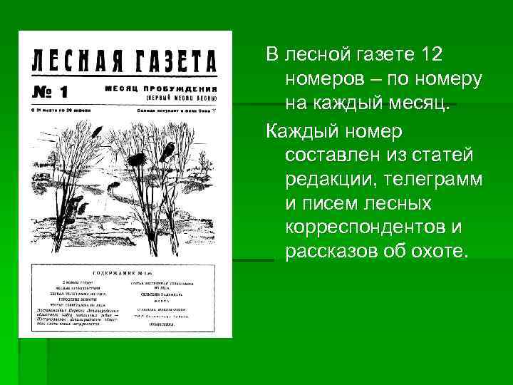 В лесной газете 12 номеров – по номеру на каждый месяц. Каждый номер составлен