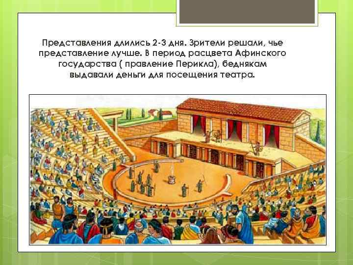 Представления длились 2 -3 дня. Зрители решали, чье представление лучше. В период расцвета Афинского