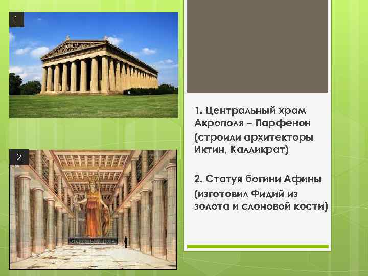 1 2 1. Центральный храм Акрополя – Парфенон (строили архитекторы Иктин, Калликрат) 2. Статуя