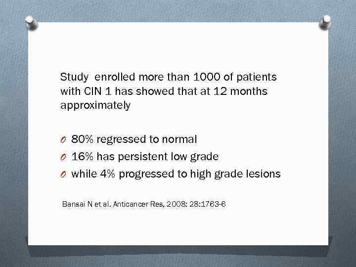 Study enrolled more than 1000 of patients with CIN 1 has showed that at