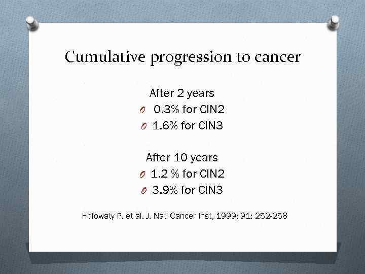 Cumulative progression to cancer After 2 years O 0. 3% for CIN 2 O