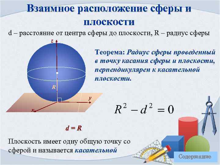 Взаимное расположение сферы и плоскости d – расстояние от центра сферы до плоскости, R