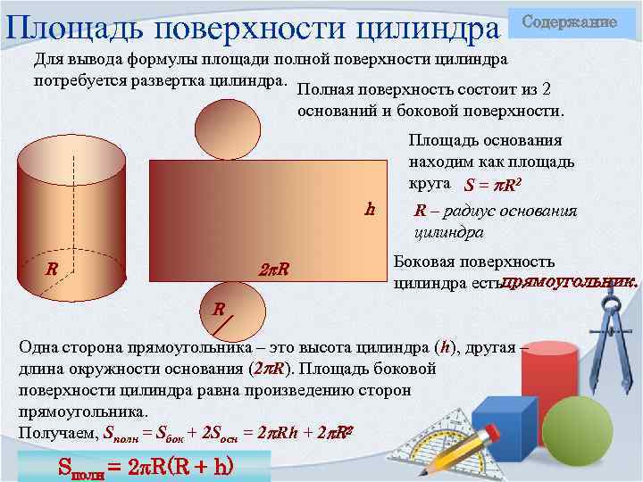 Площадь поверхности цилиндра Содержание Для вывода формулы площади полной поверхности цилиндра потребуется развертка цилиндра.