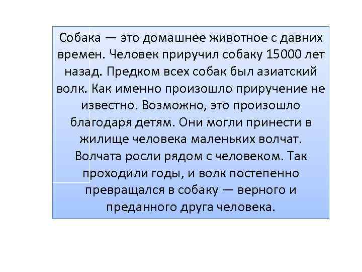 Собака — это домашнее животное с давних времен. Человек приручил собаку 15000 лет назад.