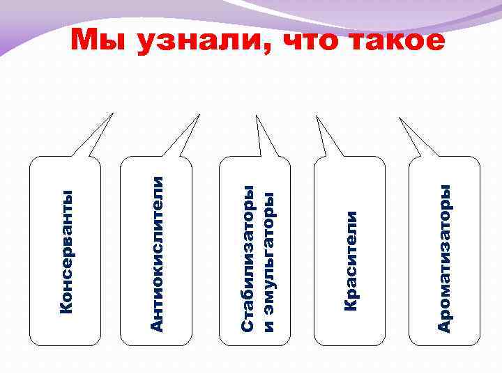 Ароматизаторы Красители Стабилизаторы и эмульгаторы Антиокислители Консерванты Мы узнали, что такое 