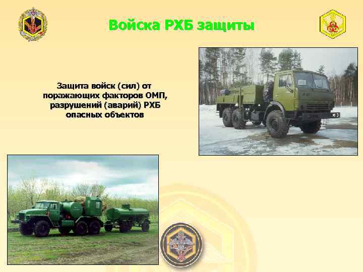 Войска РХБ защиты Защита войск (сил) от поражающих факторов ОМП, разрушений (аварий) РХБ опасных