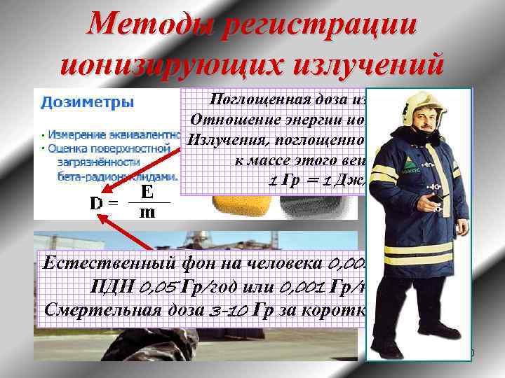 Методы регистрации ионизирующих излучений Поглощенная доза излучения – Отношение энергии ионизирующего Излучения, поглощенной веществом,