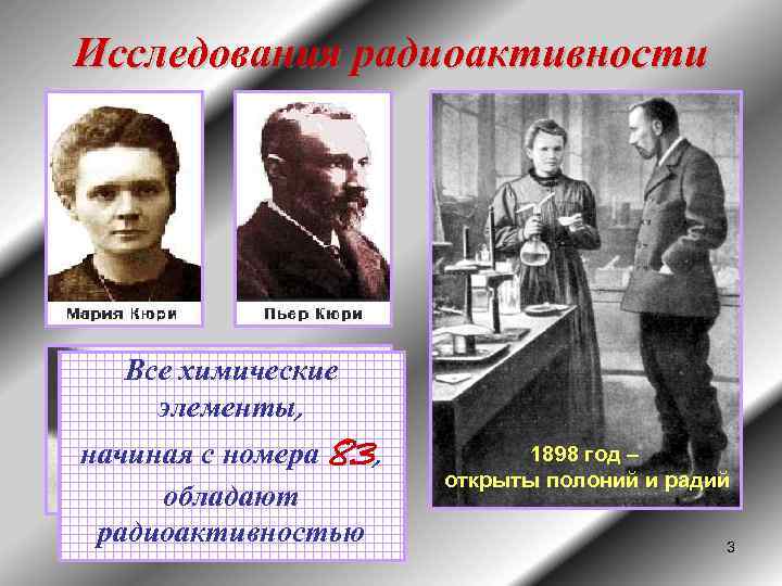 Исследования радиоактивности Все химические элементы, начиная с номера 83, обладают радиоактивностью 1898 год –