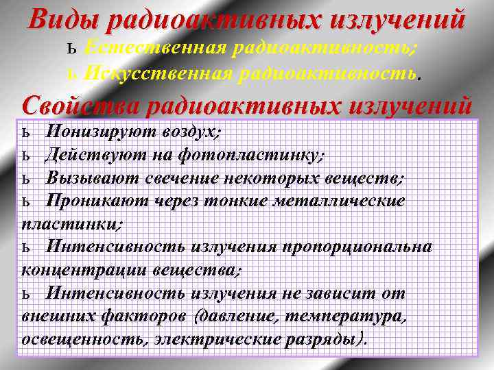 Виды радиоактивных излучений ь Естественная радиоактивность; ь Искусственная радиоактивность. Свойства радиоактивных излучений ь Ионизируют