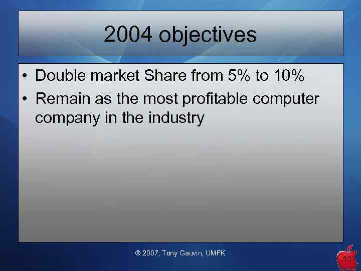 2004 objectives • Double market Share from 5% to 10% • Remain as the