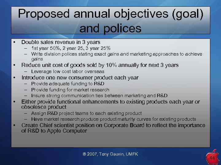 Proposed annual objectives (goal) and polices • Double sales revenue in 3 years –