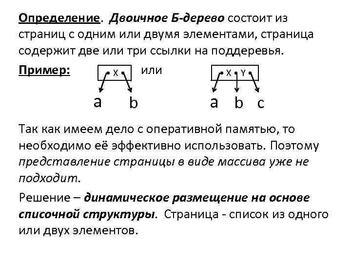 Определение. Двоичное Б-дерево состоит из страниц с одним или двумя элементами, страница содержит две