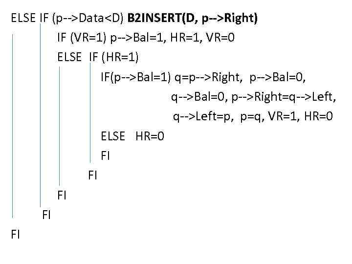 ELSE IF (p-->Data<D) B 2 INSERT(D, p-->Right) IF (VR=1) p-->Bal=1, HR=1, VR=0 ELSE IF