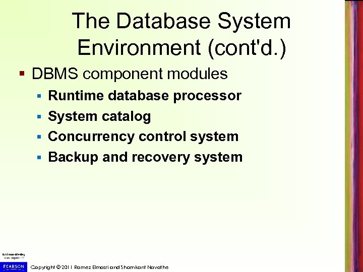 The Database System Environment (cont'd. ) § DBMS component modules Runtime database processor §