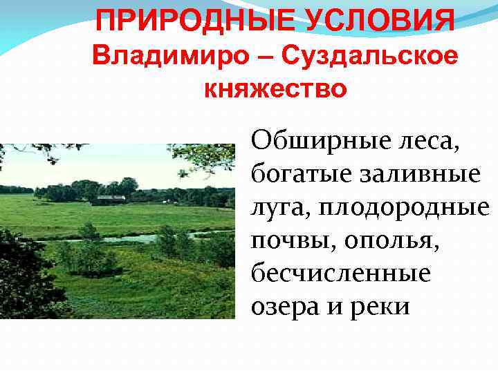 ПРИРОДНЫЕ УСЛОВИЯ Владимиро – Суздальское княжество Обширные леса, богатые заливные луга, плодородные почвы, ополья,