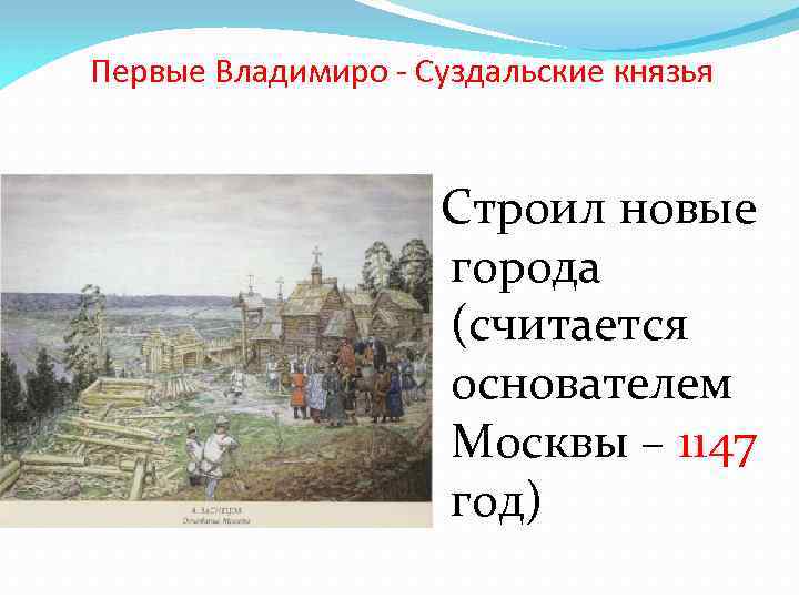 Первые Владимиро - Суздальские князья Строил новые города (считается основателем Москвы – 1147 год)