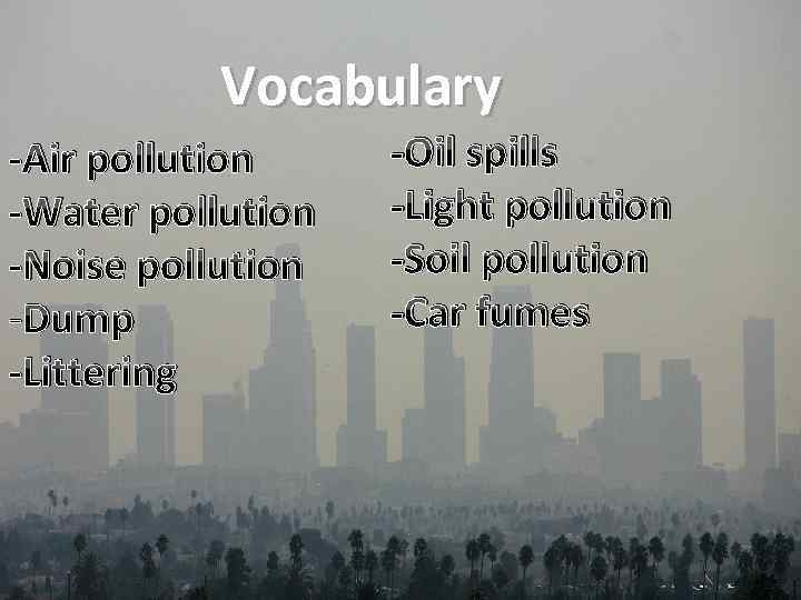 Vocabulary -Air pollution -Water pollution -Noise pollution -Dump -Littering -Oil spills -Light pollution -Soil