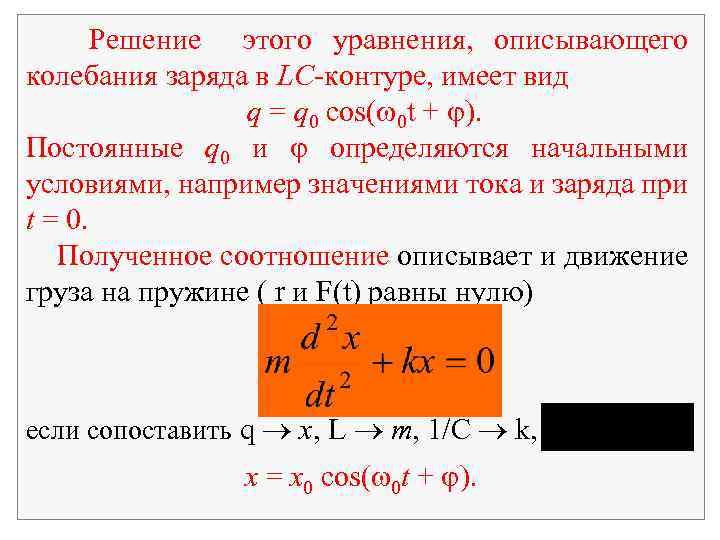 Решение этого уравнения, описывающего колебания заряда в LC-контуре, имеет вид q = q 0