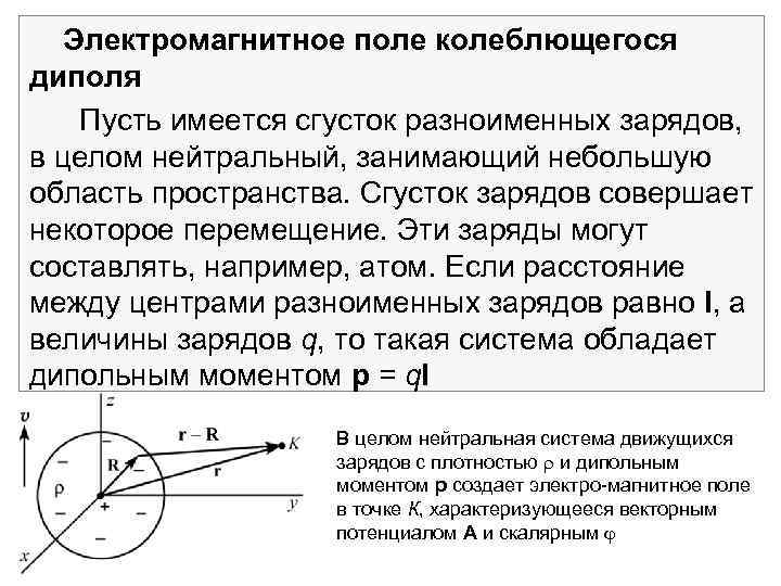 Электромагнитное поле колеблющегося диполя Пусть имеется сгусток разноименных зарядов, в целом нейтральный, занимающий небольшую